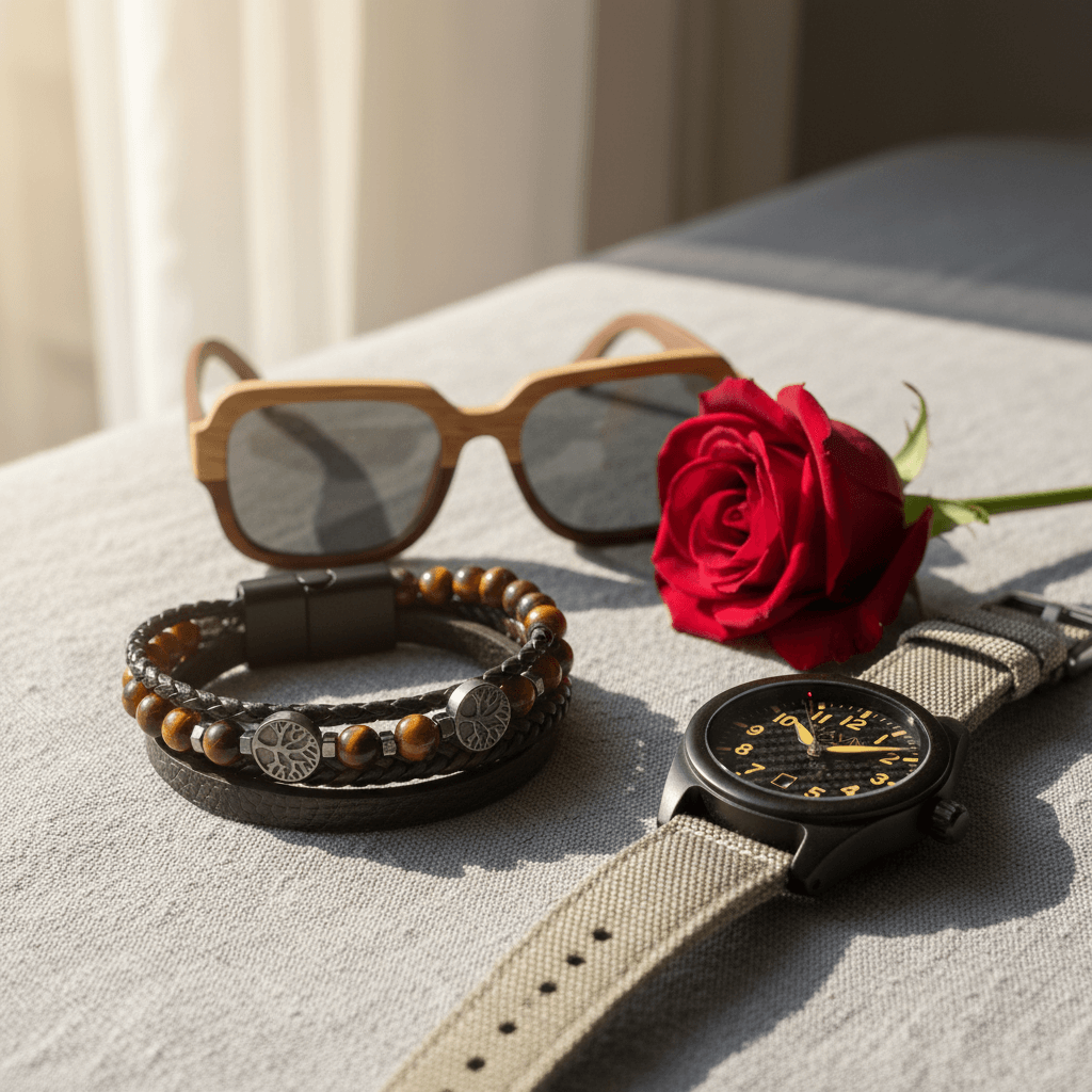 Exklusivt gåvoset för herr med Lunor träklocka, Tobisvik läderarmband och Sorell träsolglasögon