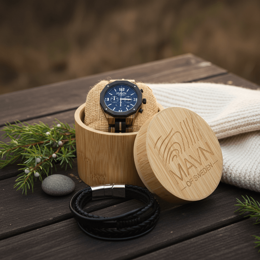 Gåvoset för herr med Ribersborg träkronograf och Nyrup svart läderarmband i skandinavisk design