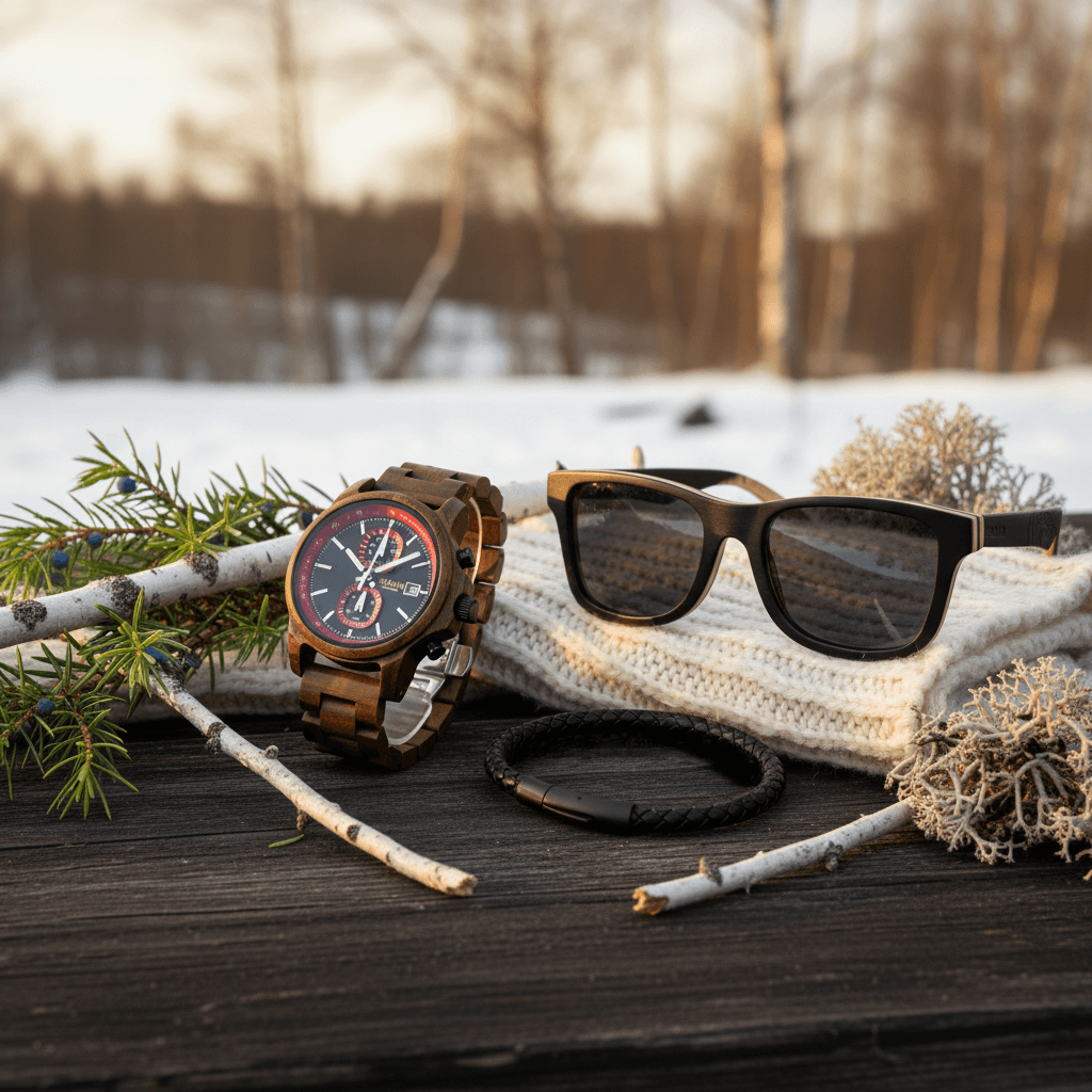 Premium gåvoset för herr med Tylösand träklocka, Sudersand träsolglasögon och Vanstad läderarmband