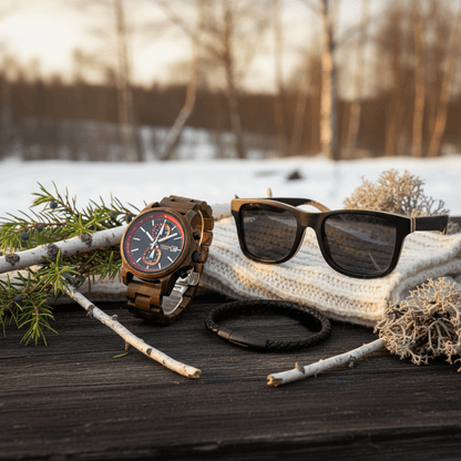 Premium gåvoset för herr med Tylösand träklocka, Sudersand träsolglasögon och Vanstad läderarmband