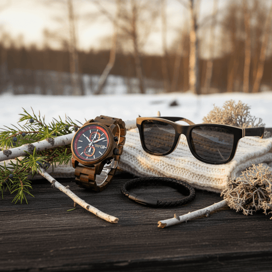 Premium gåvoset för herr med Tylösand träklocka, Sudersand träsolglasögon och Vanstad läderarmband